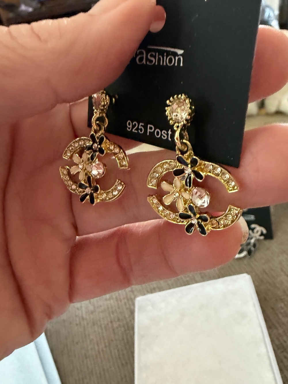 Gold Tine Floral Crystal Drop Post Earrings, black accent, Fashion Jewelry - Picture 6 of 8